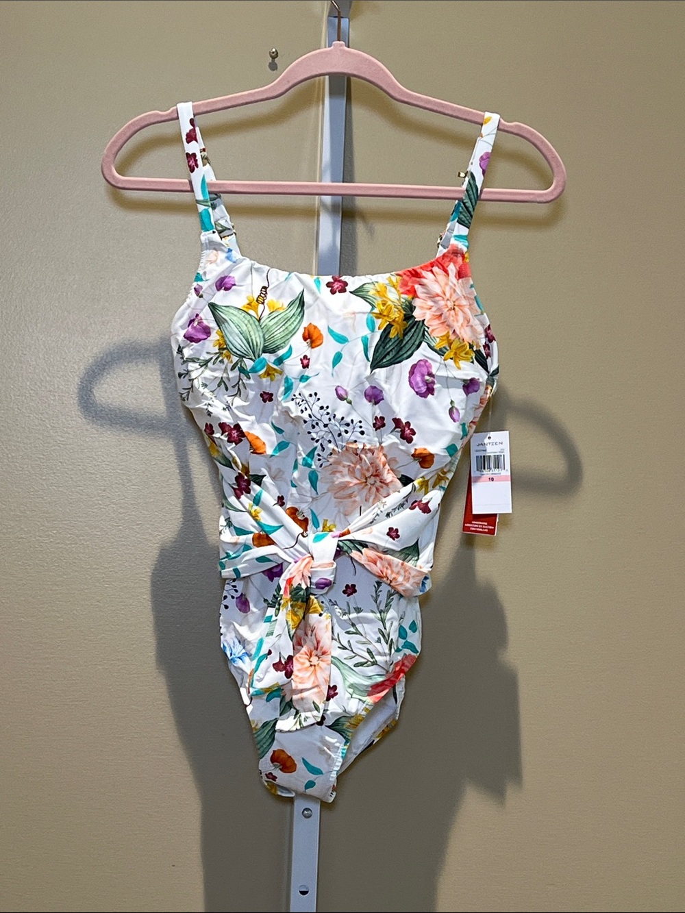 Jantzen White Floral One-Piece Swimsuit with Green and Orange Accents